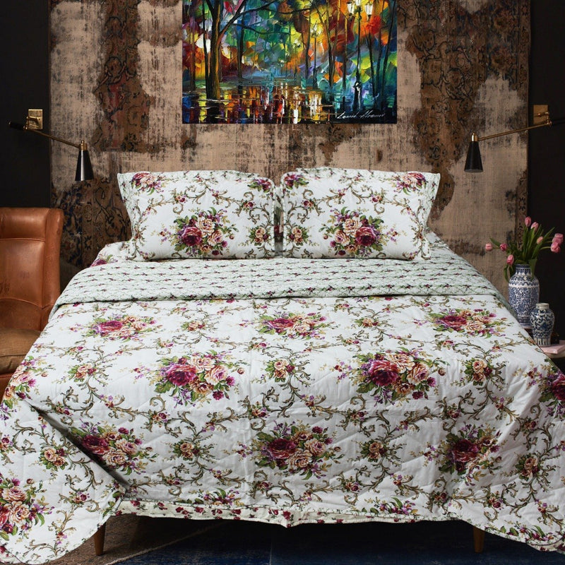 Megenta Floral Over White Spread - 6 Pieces Bed Spread Set - zeests.com - Best place for furniture, home decor and all you need