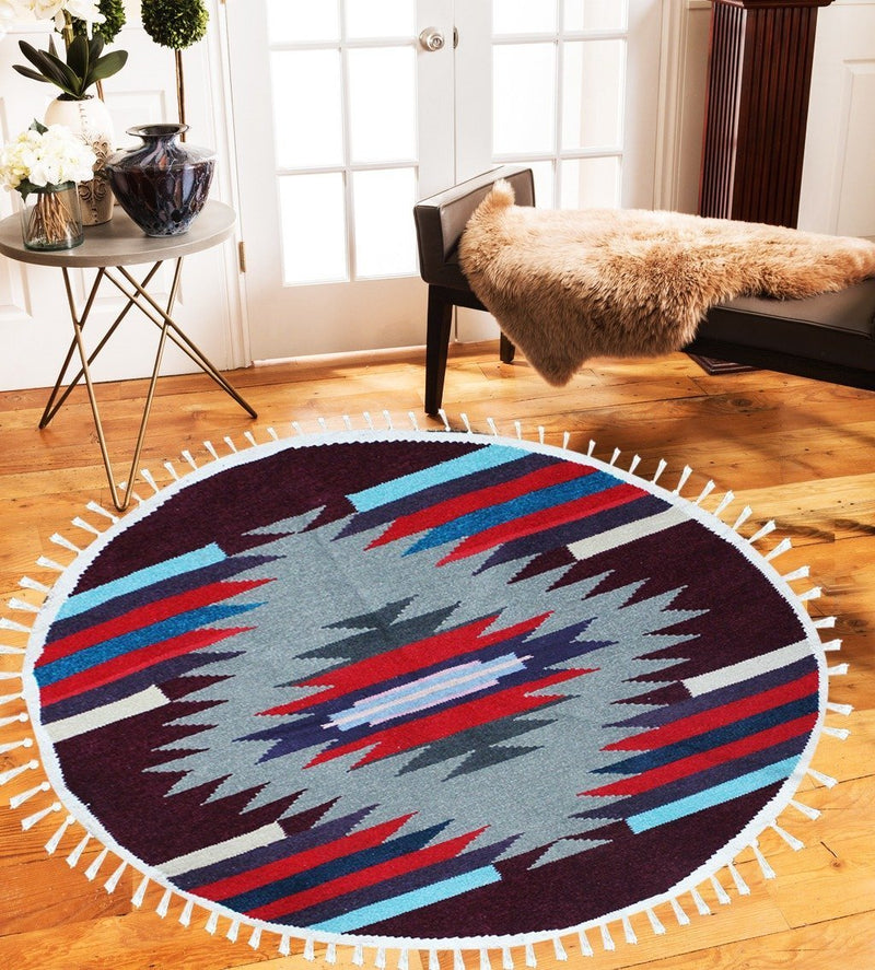 Round Geometric - Hand-woven Woolen Rug - Round Large - 4' x 4' - zeests.com - Best place for furniture, home decor and all you need