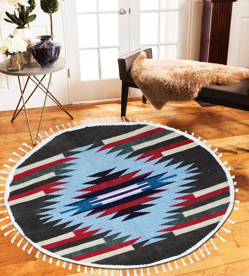 Round Geometric - Hand-woven Woolen Rug - Round Large - 4' x 4' - zeests.com - Best place for furniture, home decor and all you need