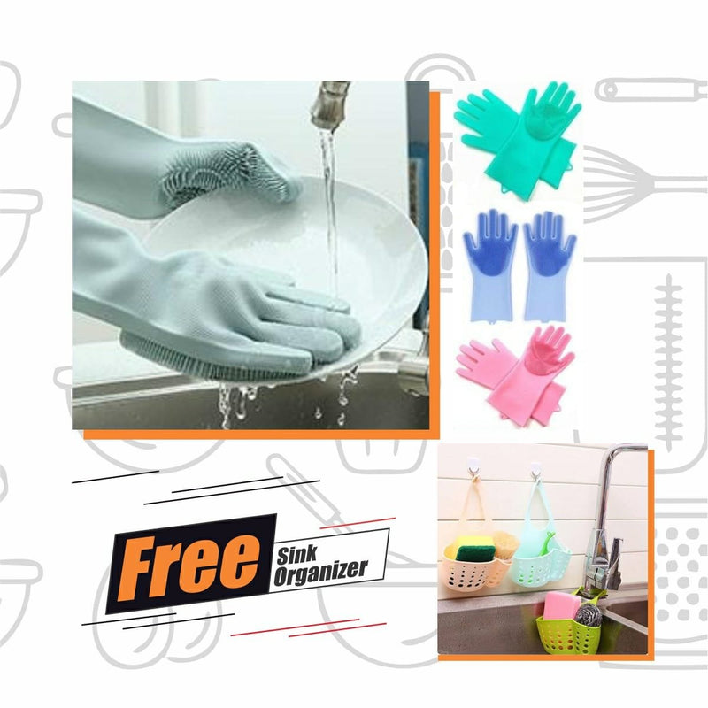 Silicone Dish Washing Gloves with Free Sink Organizer - zeests.com - Best place for furniture, home decor and all you need